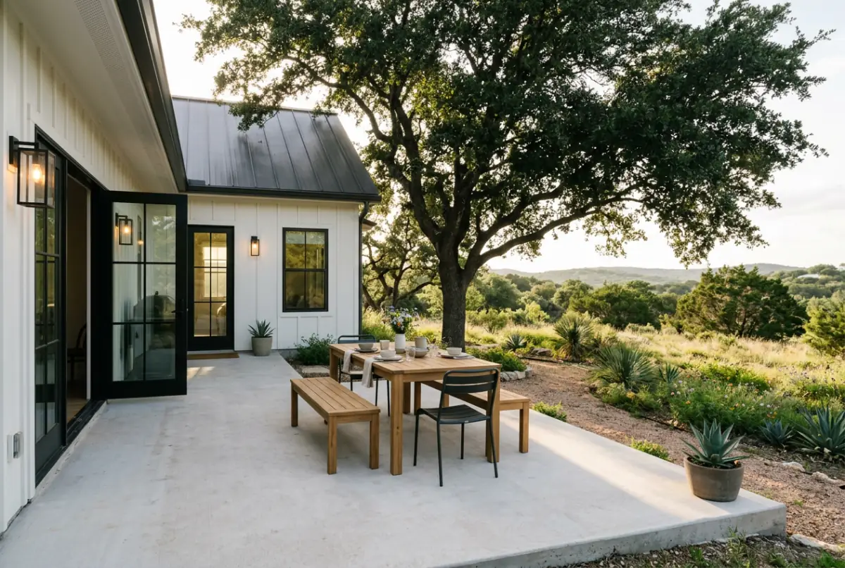 A new concrete patio beside a white house with a wood table on it