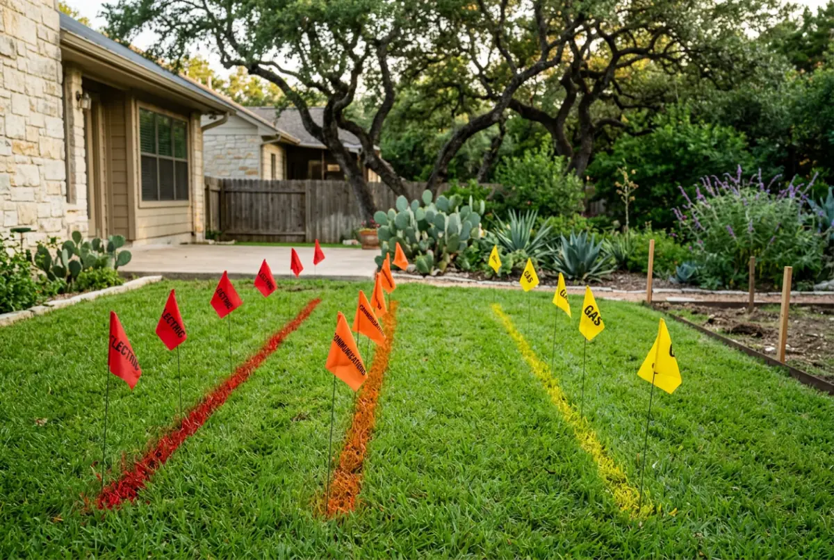 Paint lines and flags in a front lawn marking buried utility lines before a dig